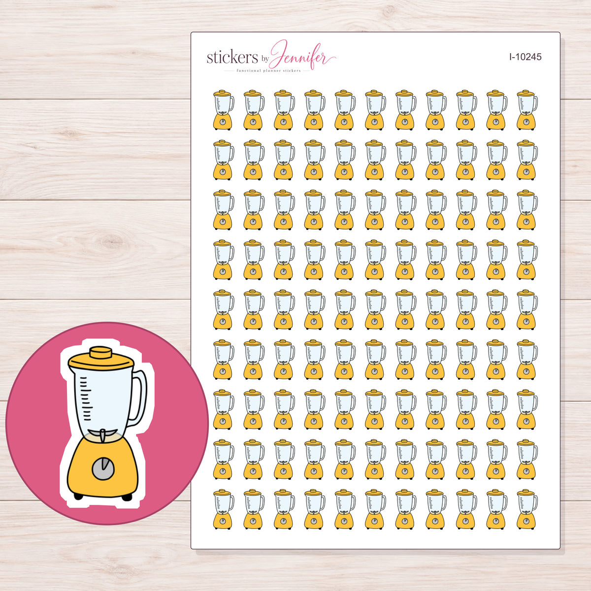 Yellow Blender Planner Stickers | I-10245 — 5 × 7 inch sheet and enlarged sticker detail