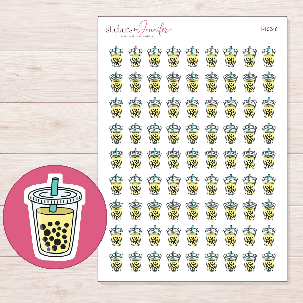 Yellow Boba Tea Planner Stickers | I-10246 — 5 × 7 inch sheet and enlarged sticker detail