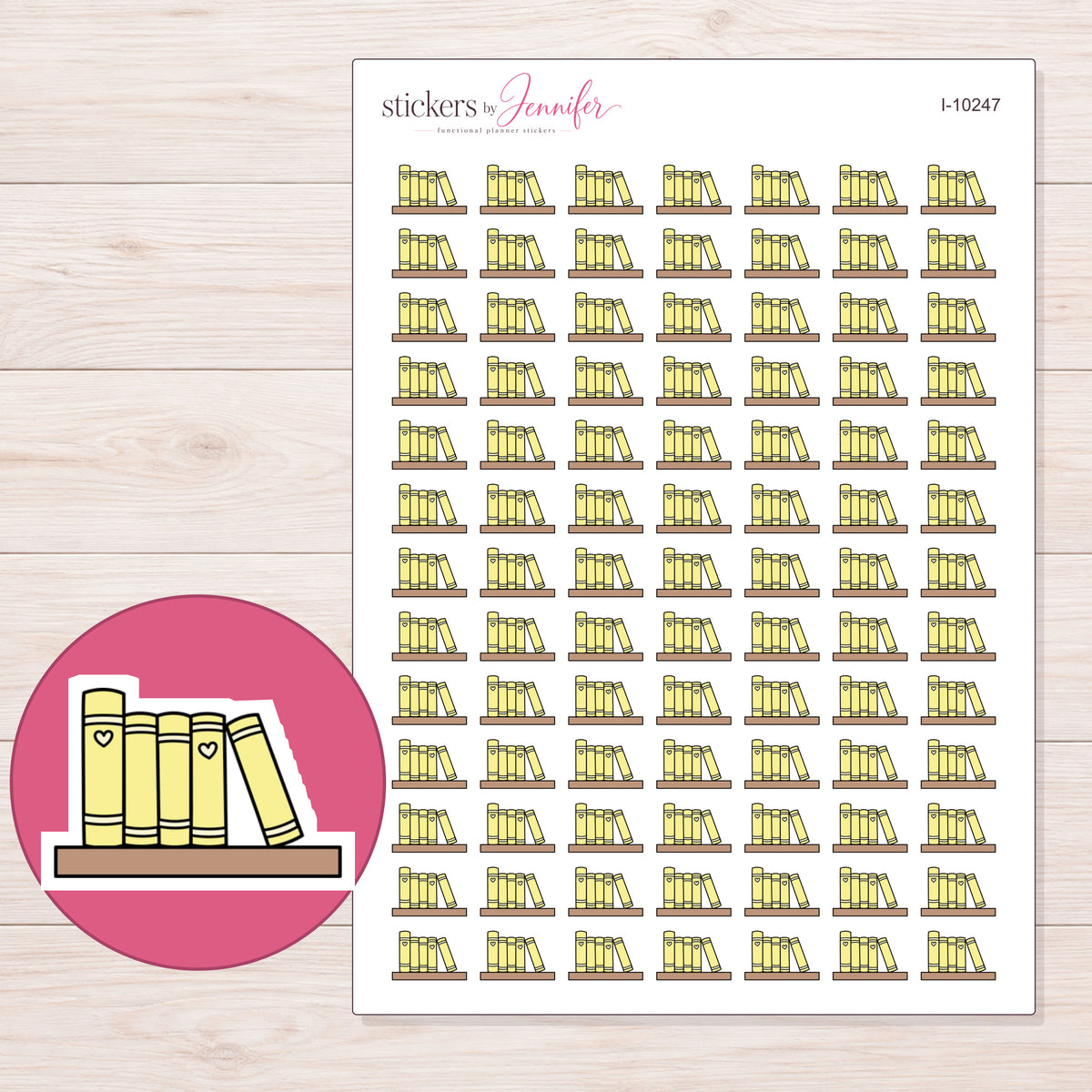 Yellow Books on Shelf Planner Stickers | I-10247 — 5 × 7 inch sheet and enlarged sticker detail