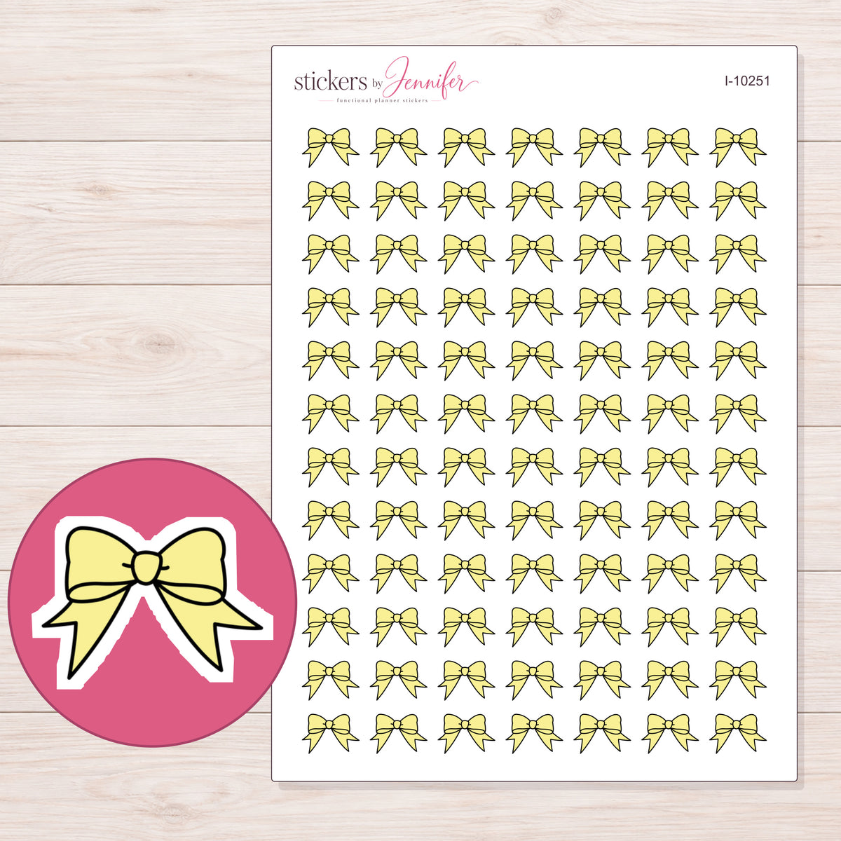 Yellow Ribbon Bow Planner Stickers | I-10251 — 5 × 7 inch sheet and enlarged sticker detail