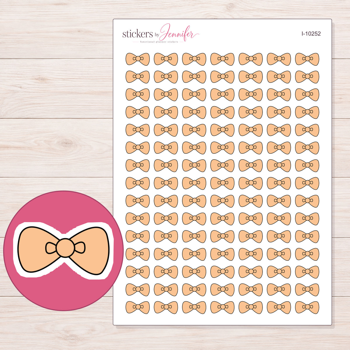 Peach Bow Tie Planner Stickers | I-10252 — 5 × 7 inch sheet and enlarged sticker detail