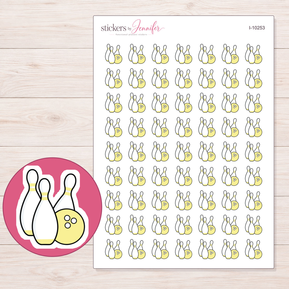 Yellow Bowling Ball and Pins Planner Stickers | I-10253 — 5 × 7 inch sheet and enlarged sticker detail
