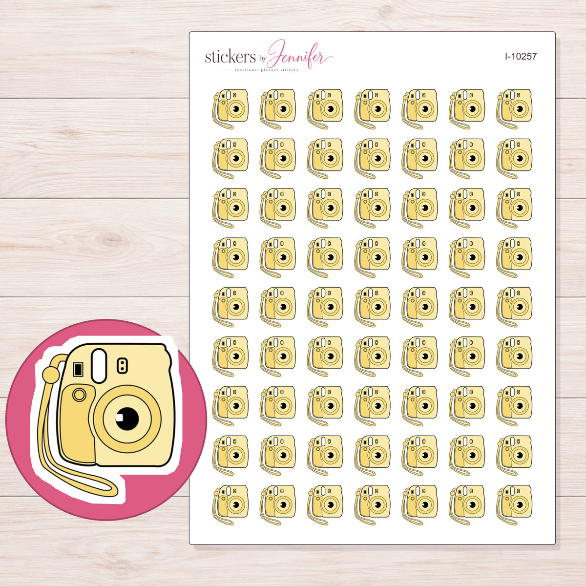 Yellow Instant Camera Planner Stickers | I-10257 — 5 × 7 inch sheet and enlarged sticker detail