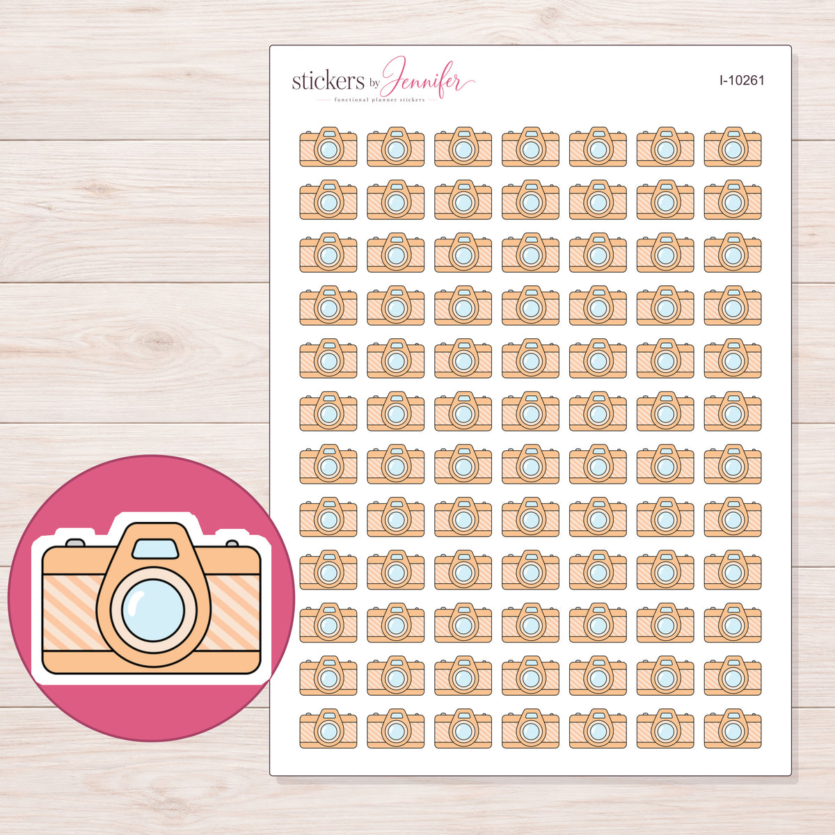 Peach Camera Planner Stickers | I-10261 — 5 × 7 inch sheet and enlarged sticker detail