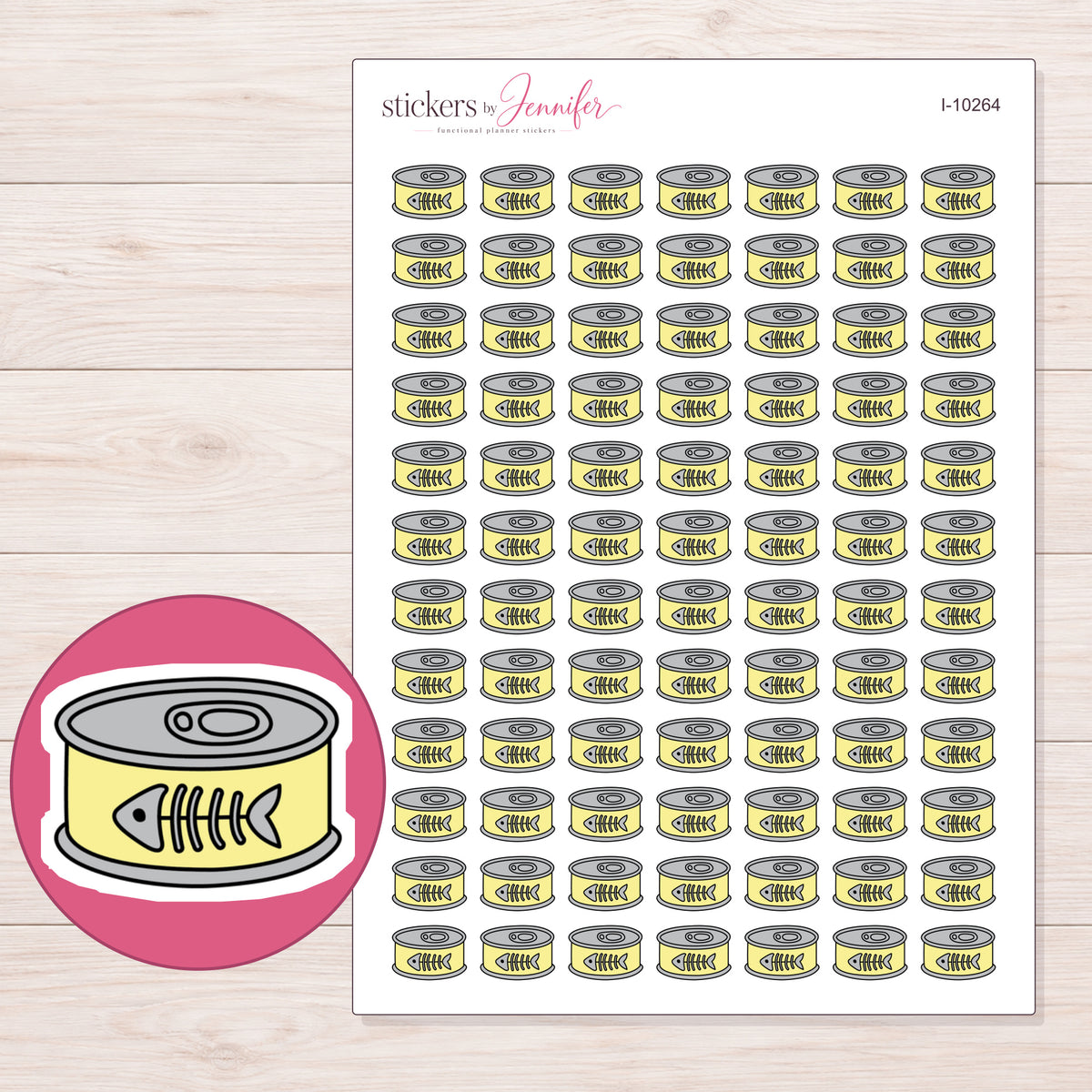 Yellow Cat Food Tin Planner Stickers | I-10264 — 5 × 7 inch sheet and enlarged sticker detail