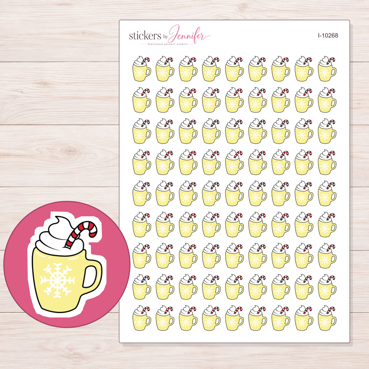 Yellow Holiday Hot Chocolate Planner Stickers | I-10268 — 5 × 7 inch sheet and enlarged sticker detail