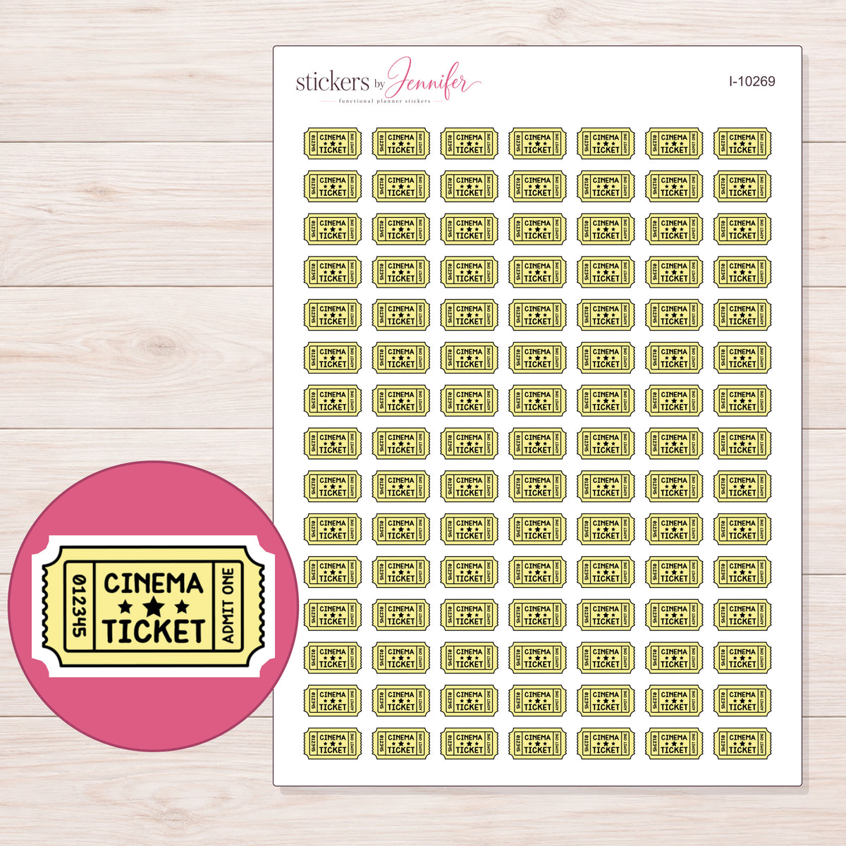 Yellow Cinema Ticket Planner Stickers | I-10269 — 5 × 7 inch sheet and enlarged sticker detail