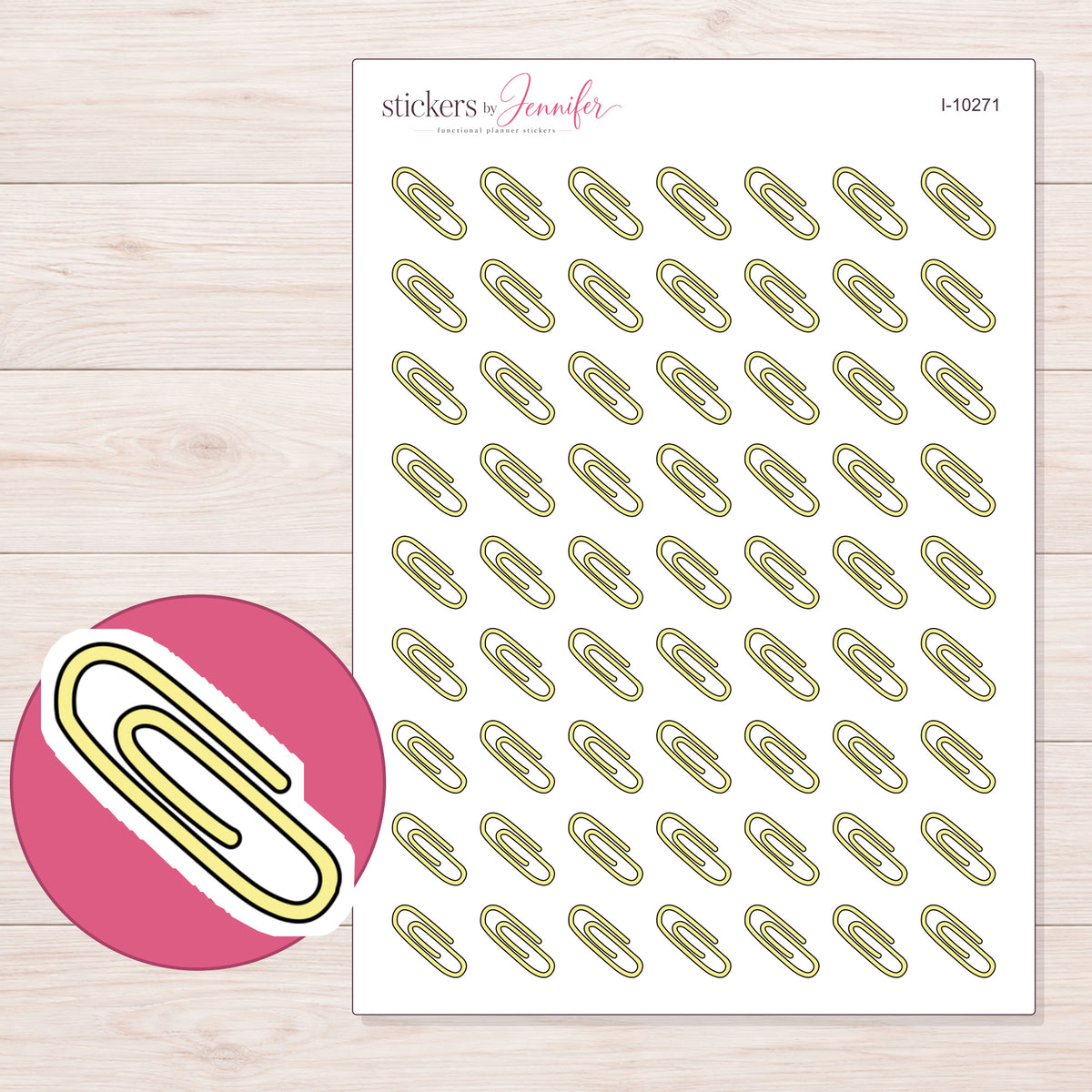 Yellow Paper Clip Planner Stickers | I-10271 — 5 × 7 inch sheet and enlarged sticker detail