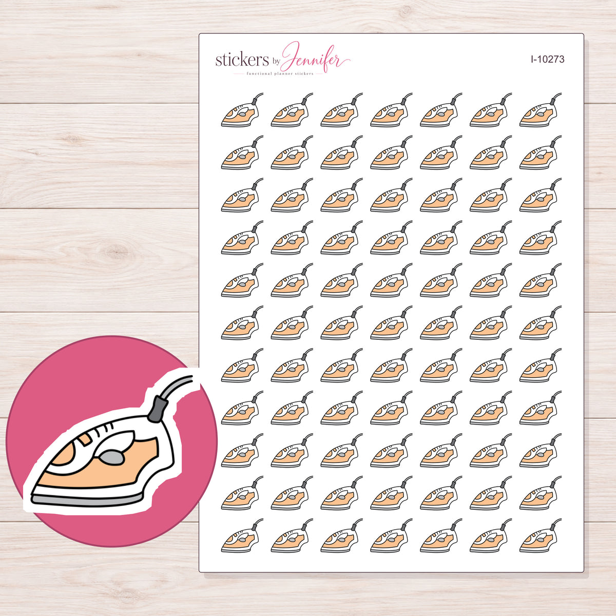 Peach Clothes Iron Planner Stickers | I-10273 — 5 × 7 inch sheet and enlarged sticker detail
