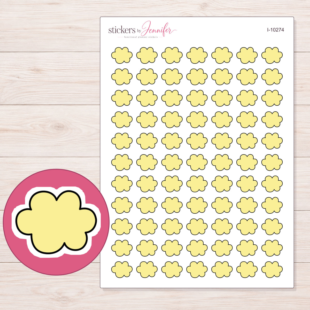 Yellow Cloud Planner Stickers | I-10274 — 5 × 7 inch sheet and enlarged sticker detail