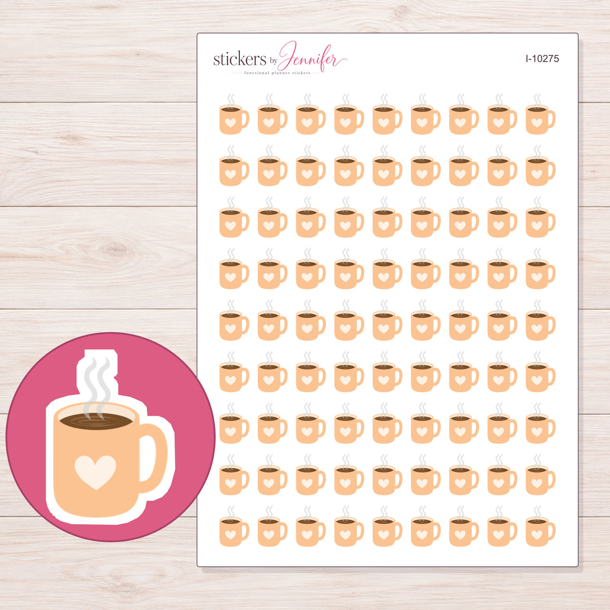 Peach Heart Coffee Mug Planner Stickers | I-10275 — 5 × 7 inch sheet and enlarged sticker detail