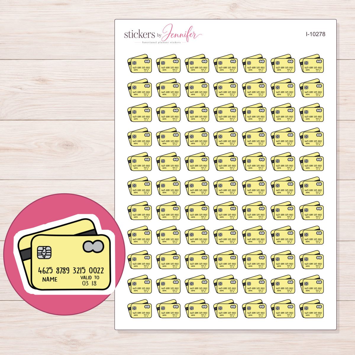 Yellow Credit Cards Planner Stickers | I-10278 — 5 × 7 inch sheet and enlarged sticker detail