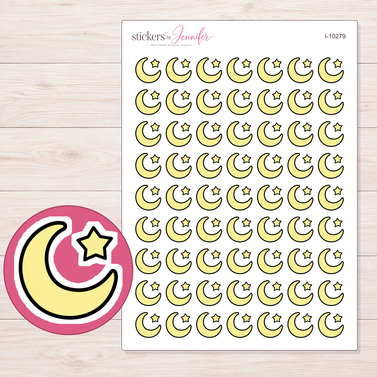 Yellow Crescent Moon and Star Planner Stickers | I-10279 — 5 × 7 inch sheet and enlarged sticker detail