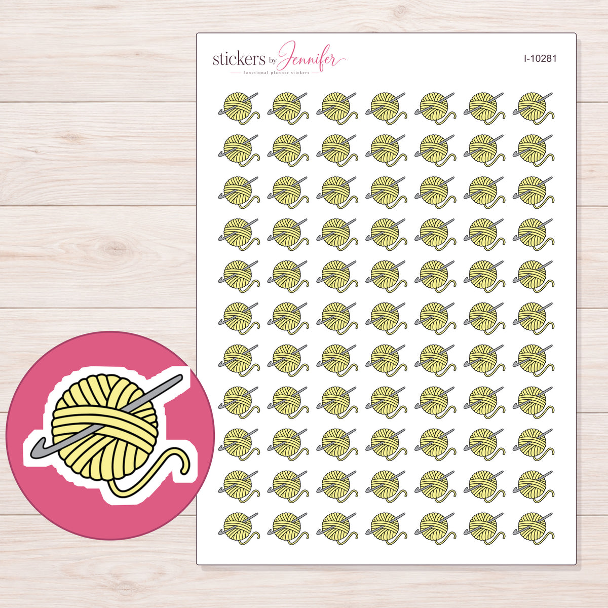 Yellow Yarn Ball and Hook Planner Stickers | I-10281 — 5 × 7 inch sheet and enlarged sticker detail