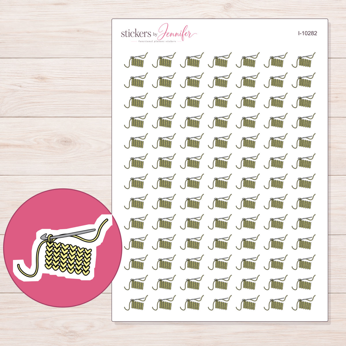 Yellow Crochet Swatch Planner Stickers | I-10282 — 5 × 7 inch sheet and enlarged sticker detail