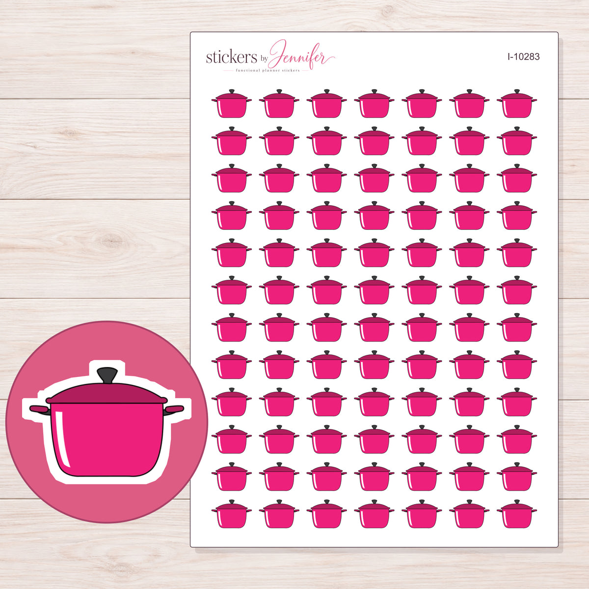 Pink Lidded Cooking Pot Planner Stickers | I-10283 — 5 × 7 inch sheet and enlarged sticker detail