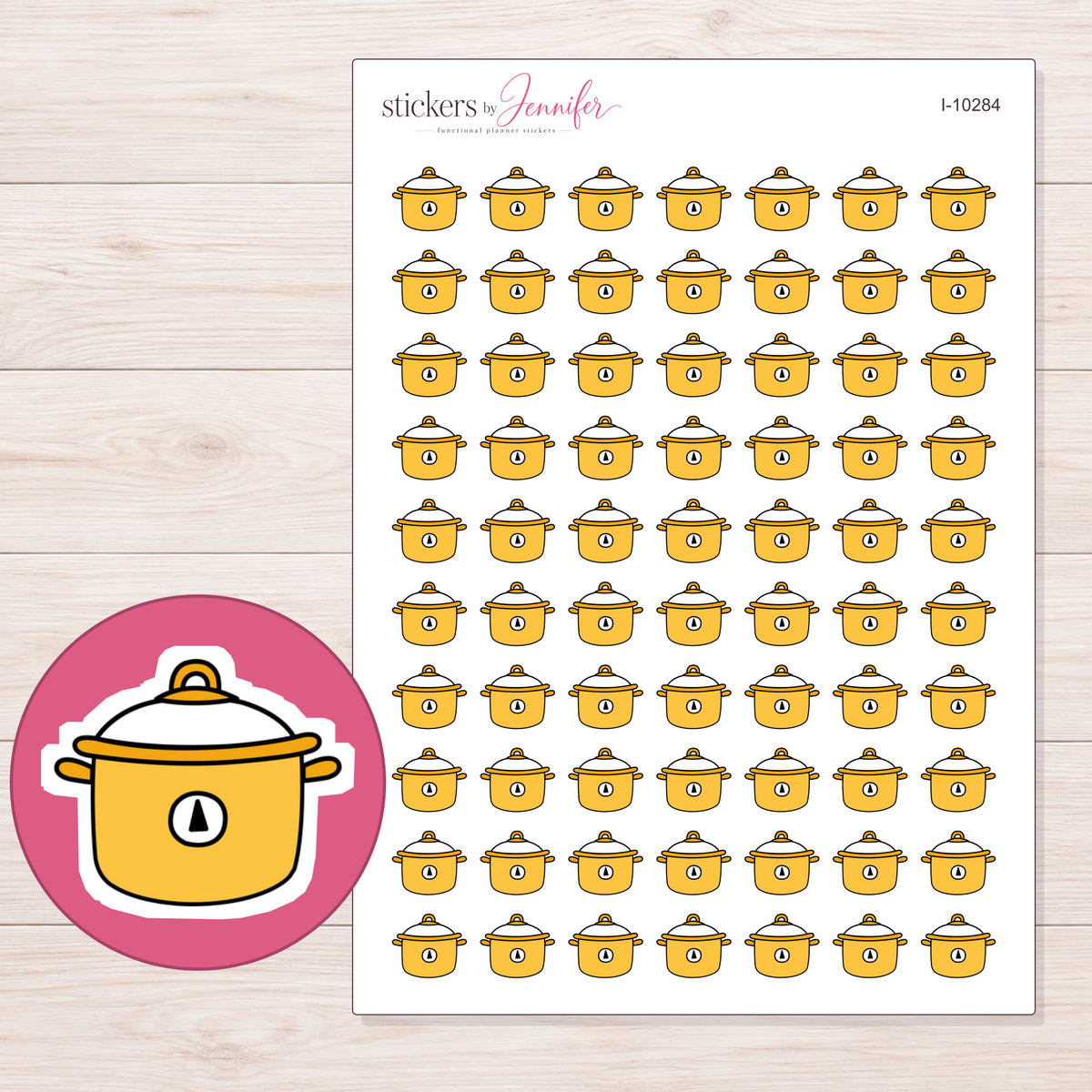 Yellow Slow Cooker Planner Stickers | I-10284 — 5 × 7 inch sheet and enlarged sticker detail