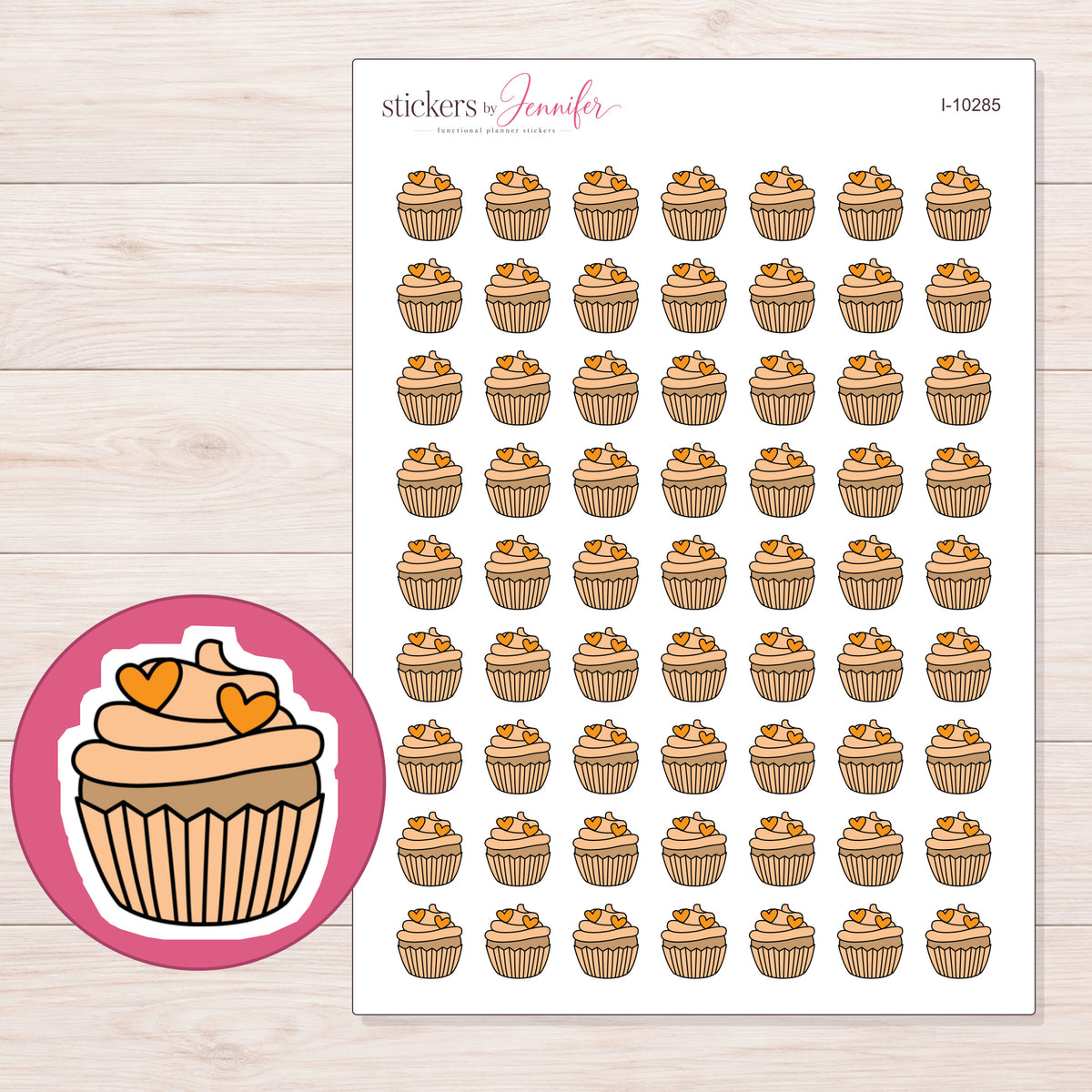 Peach Heart Cupcake Planner Stickers | I-10285 — 5 × 7 inch sheet and enlarged sticker detail