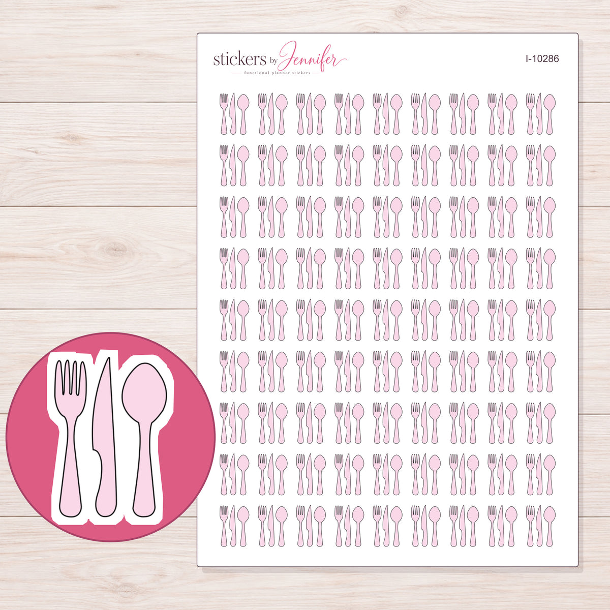 Pale Pink Cutlery Planner Stickers | I-10286 — 5 × 7 inch sheet and enlarged sticker detail
