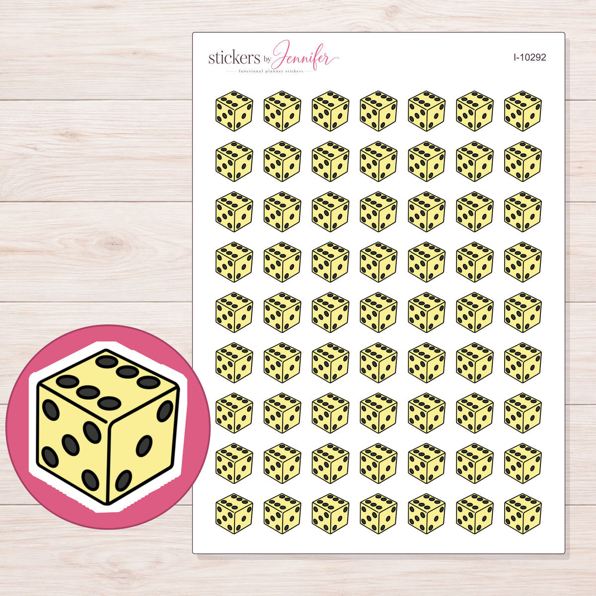 Yellow Die Planner Stickers | I-10292 — 5 × 7 inch sheet and enlarged sticker detail