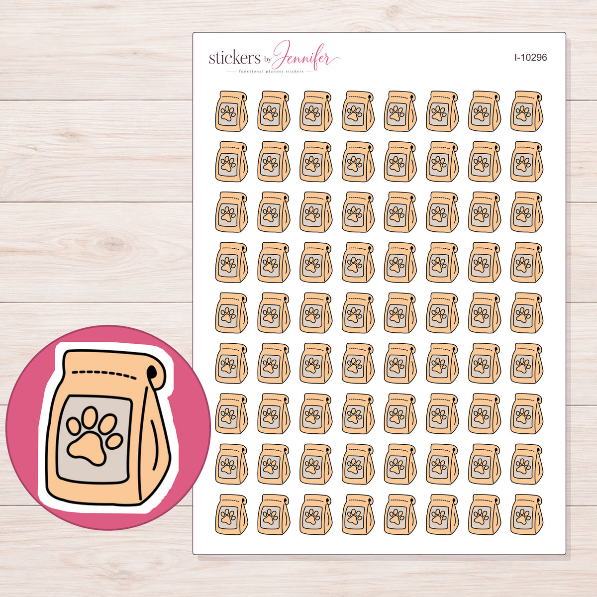 Peach Dog Food Bag Planner Stickers | I-10296 — 5 × 7 inch sheet and enlarged sticker detail