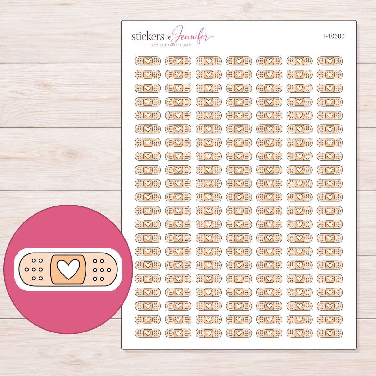 Peach Doodle Heart Bandage Planner Stickers | I-10300 — 5 × 7 inch sheet and enlarged sticker detail