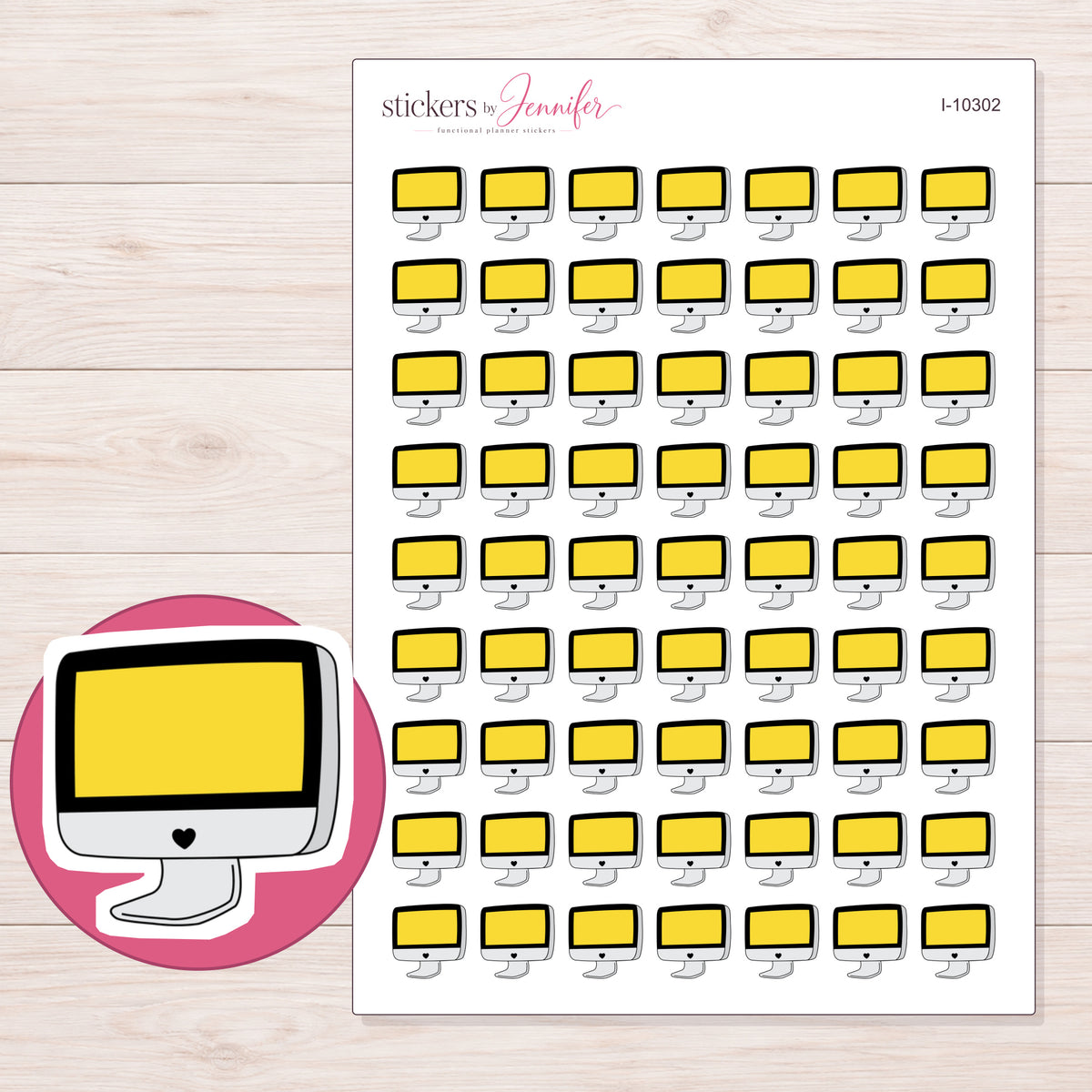 Yellow Screen Doodle Computer Planner Stickers | I-10302 — 5 × 7 inch sheet and enlarged sticker detail