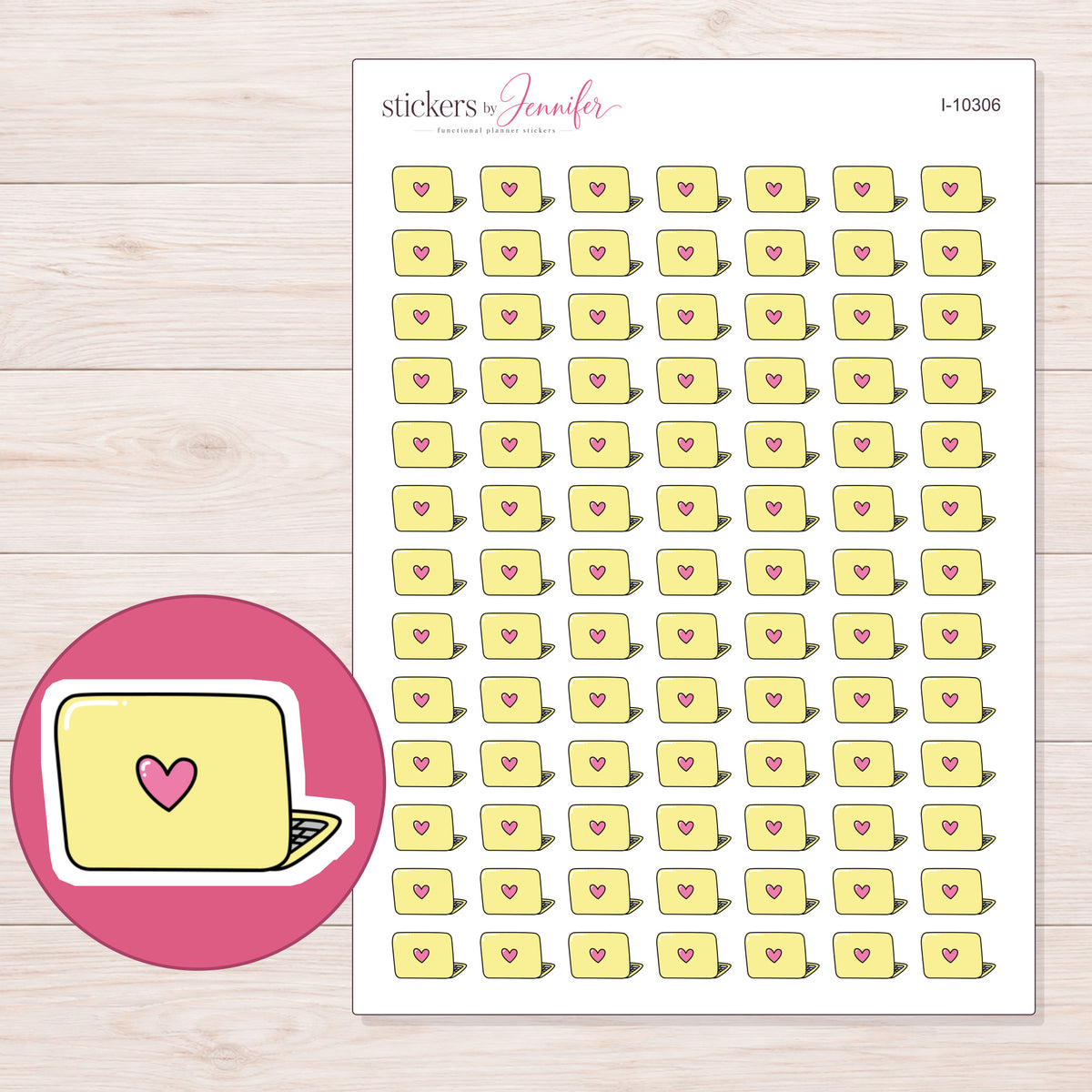 Yellow Heart Laptop Planner Stickers | I-10306 — 5 × 7 inch sheet and enlarged sticker detail
