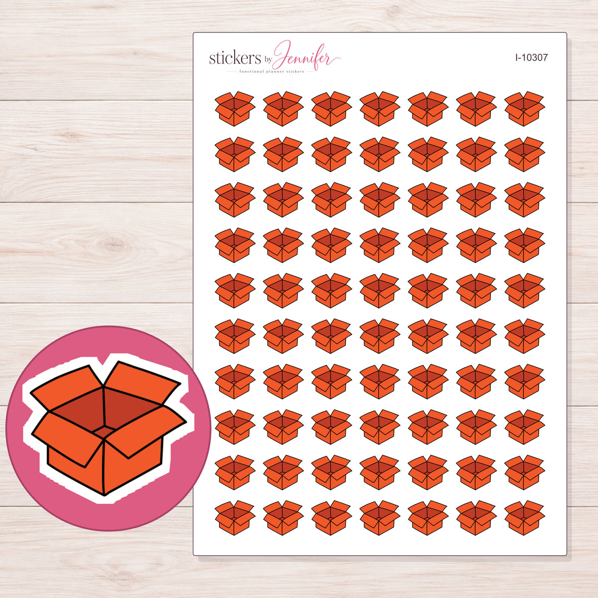 Orange Open Shipping Box Planner Stickers | I-10307 — 5 × 7 inch sheet and enlarged sticker detail
