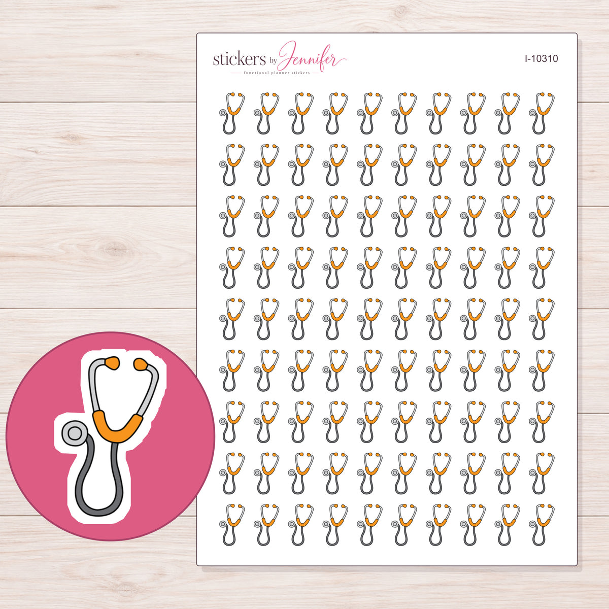 Orange Accent Stethoscope Planner Stickers | I-10310 — 5 × 7 inch sheet and enlarged sticker detail