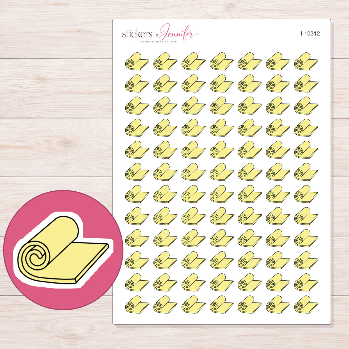 Yellow Rolled Yoga Mat Planner Stickers | I-10312 — 5 × 7 inch sheet and enlarged sticker detail