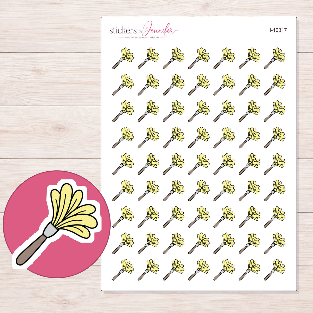 Yellow Duster Planner Stickers | I-10317 — 5 × 7 inch sheet and enlarged sticker detail