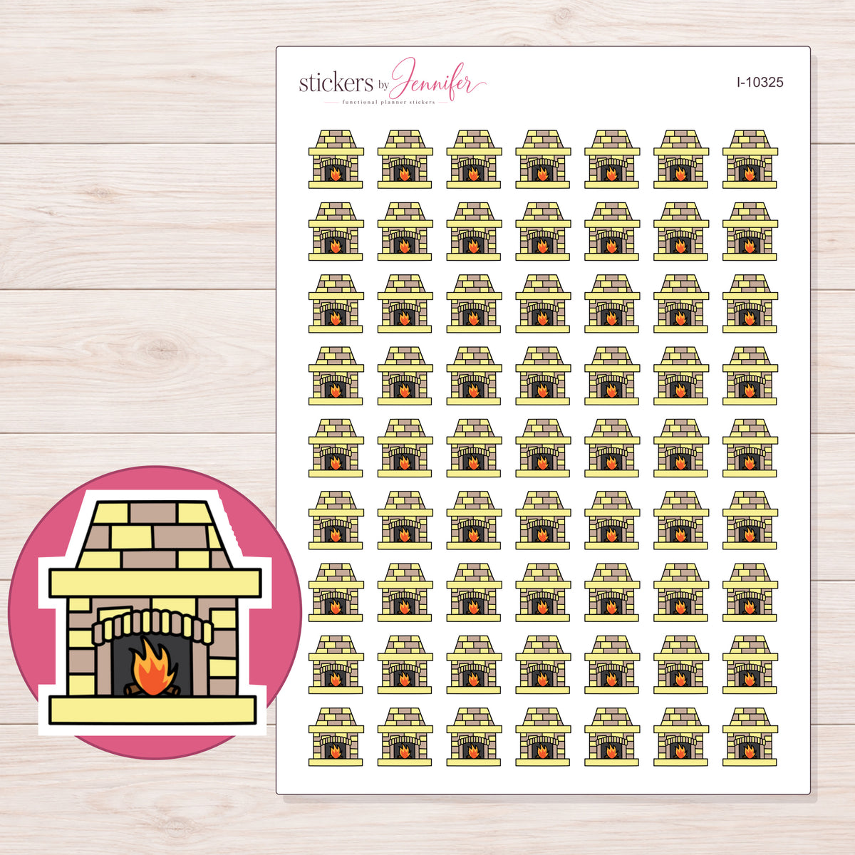 Yellow Brick Fireplace Planner Stickers | I-10325 — 5 × 7 inch sheet and enlarged sticker detail