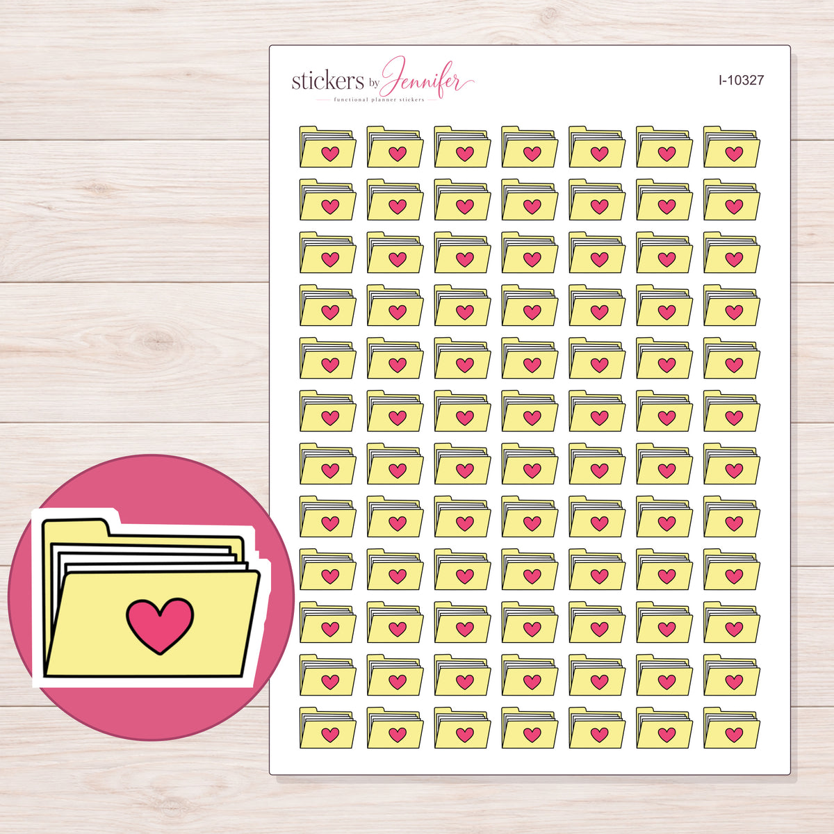 Yellow Heart Folder Planner Stickers | I-10327 — 5 × 7 inch sheet and enlarged sticker detail