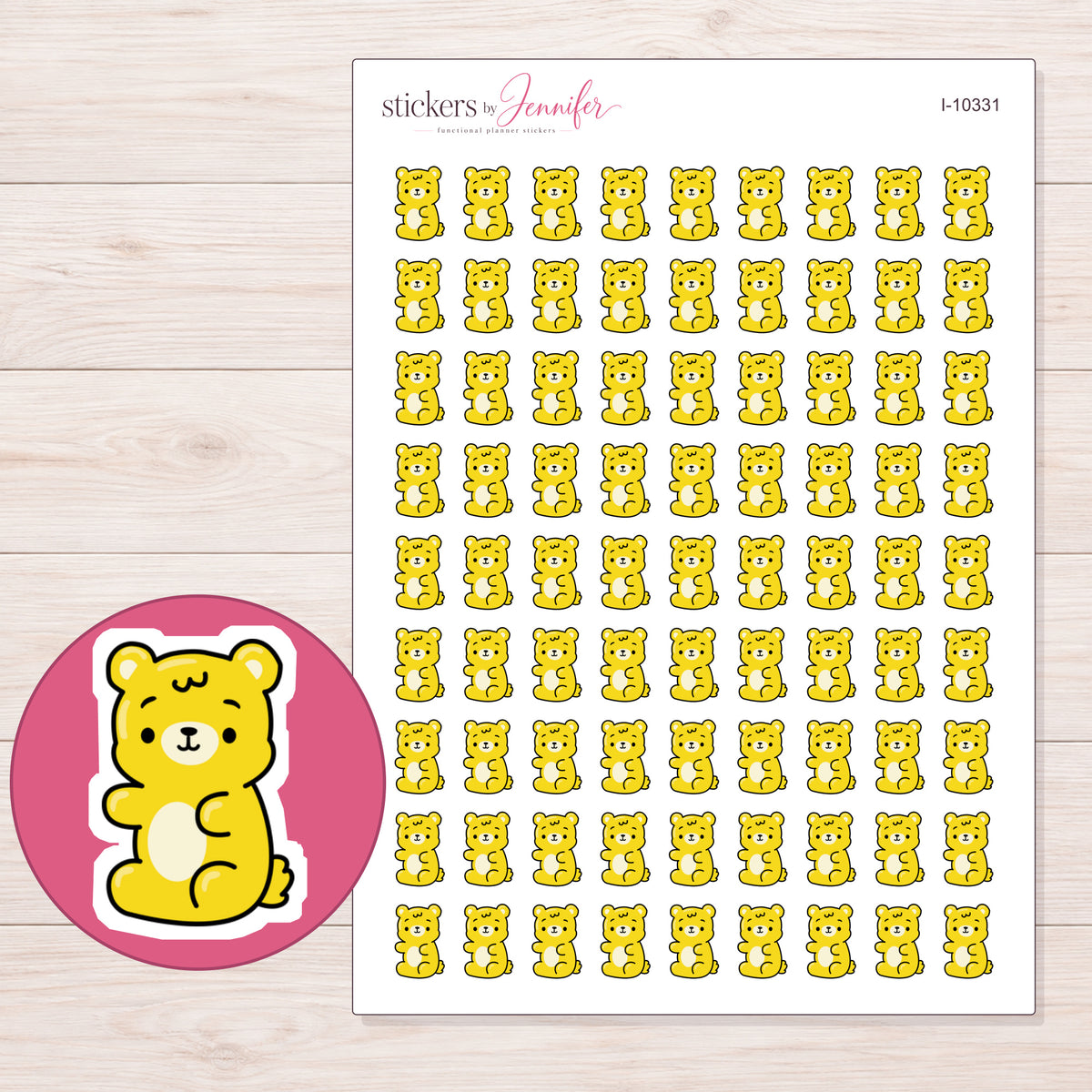 Bright Yellow Gummy Bear Planner Stickers | I-10331 — 5 × 7 inch sheet and enlarged sticker detail