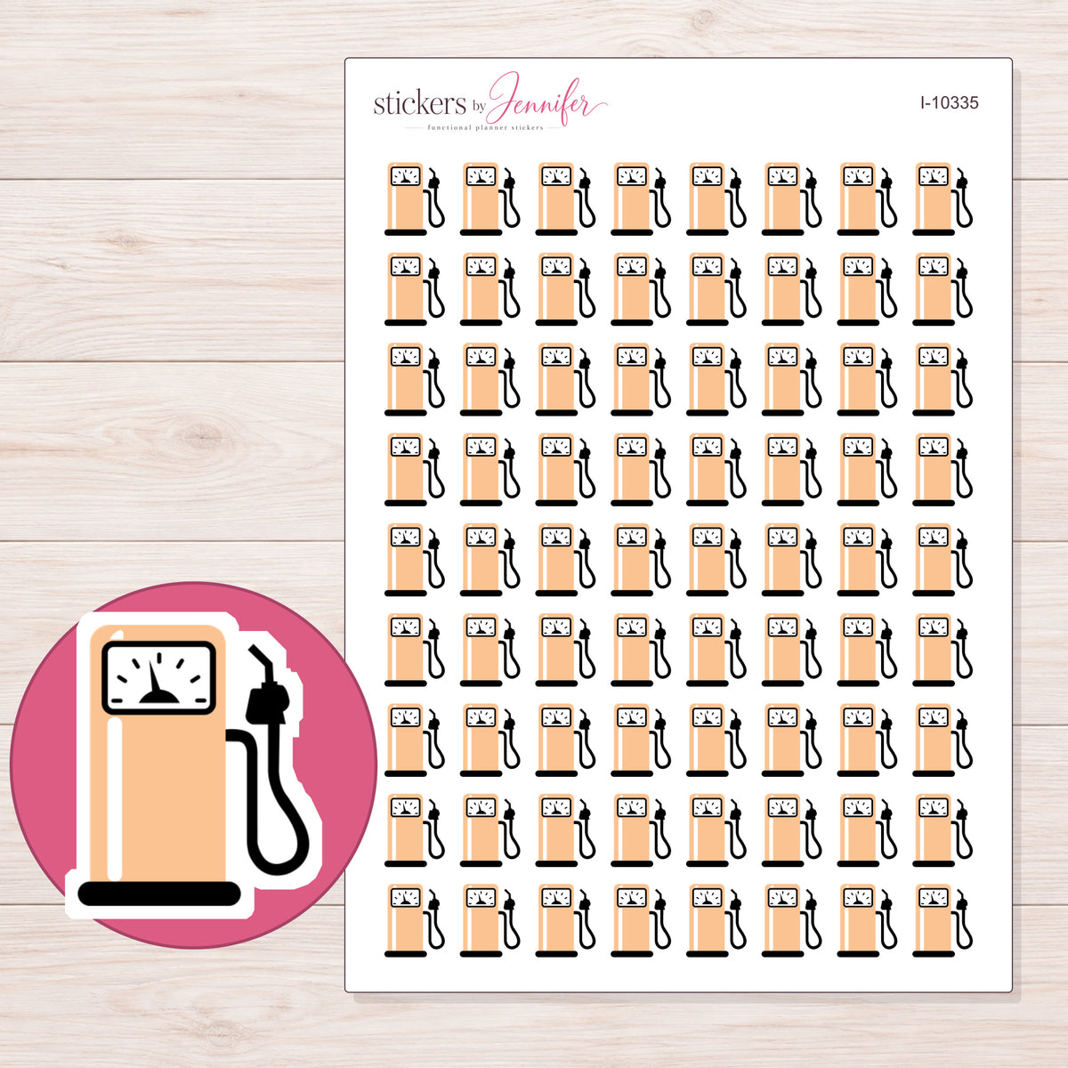 Peach Gas Pump Planner Stickers | I-10335 — 5 × 7 inch sheet and enlarged sticker detail
