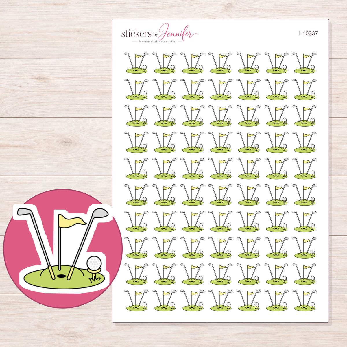 Golf Clubs and Green Planner Stickers | I-10337 — 5 × 7 inch sheet and enlarged sticker detail