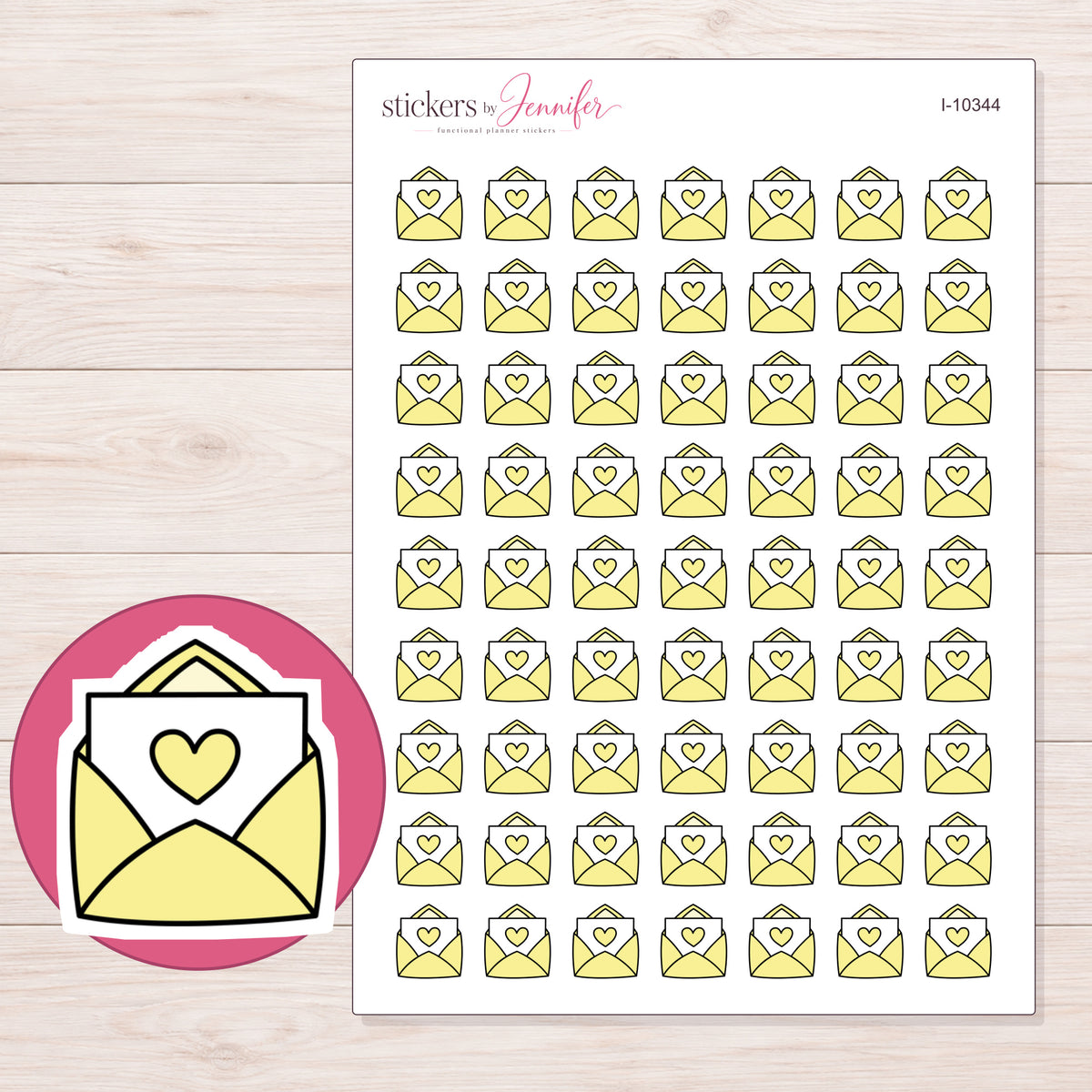 Yellow Heart Happy Mail Planner Stickers | I-10344 — 5 × 7 inch sheet and enlarged sticker detail