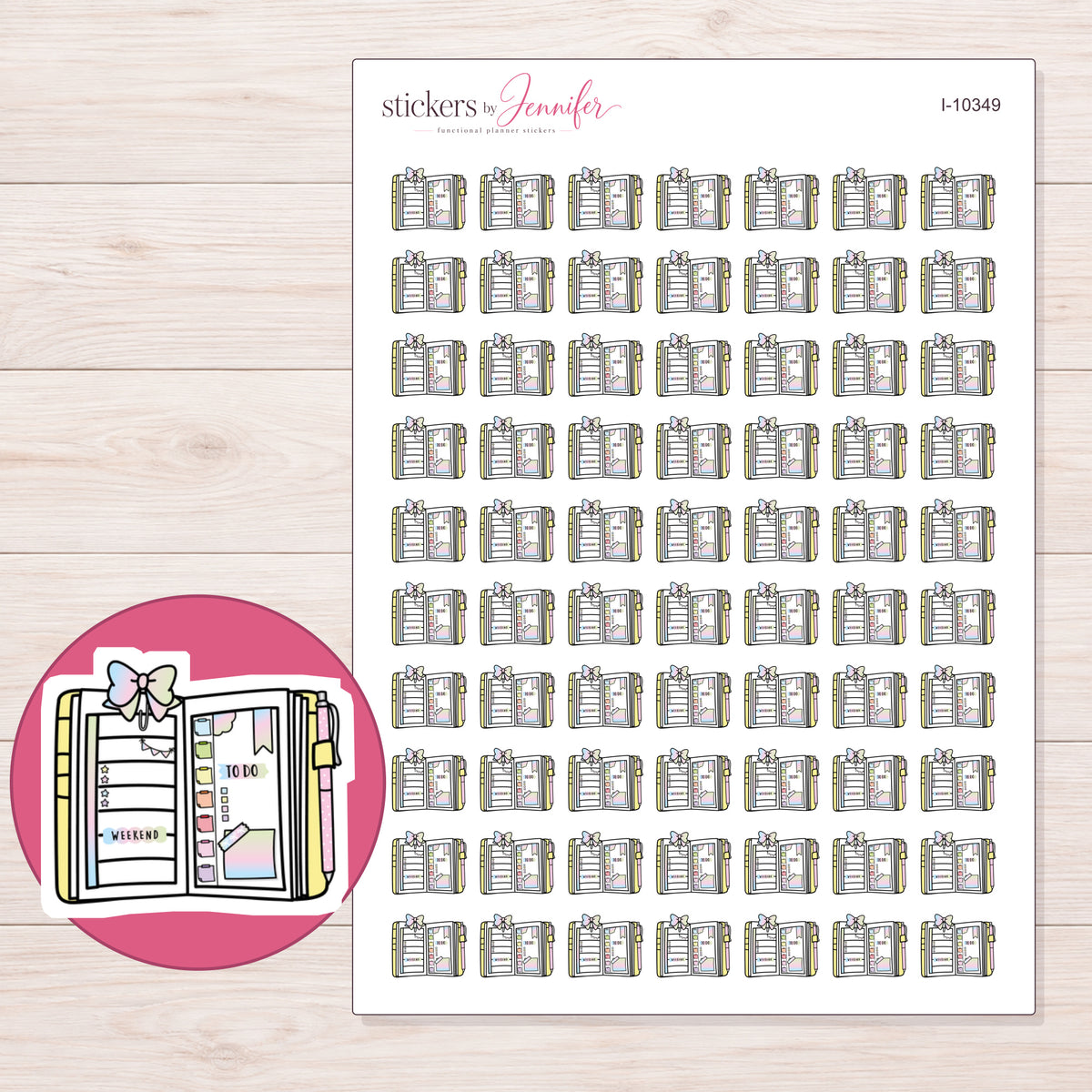 Open Yellow Planner Stickers | I-10349 — 5 × 7 inch sheet and enlarged sticker detail