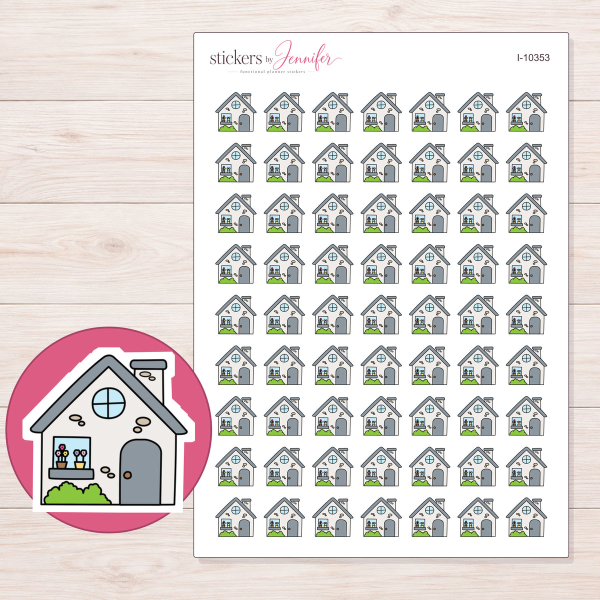 Gray House Planner Stickers | I-10353 — 5 × 7 inch sheet and enlarged sticker detail