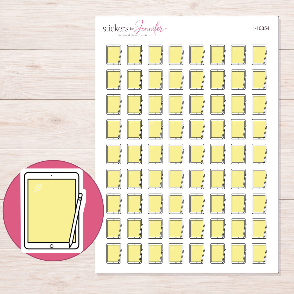 Yellow Tablet Planner Stickers | I-10354 — 5 × 7 inch sheet and enlarged sticker detail