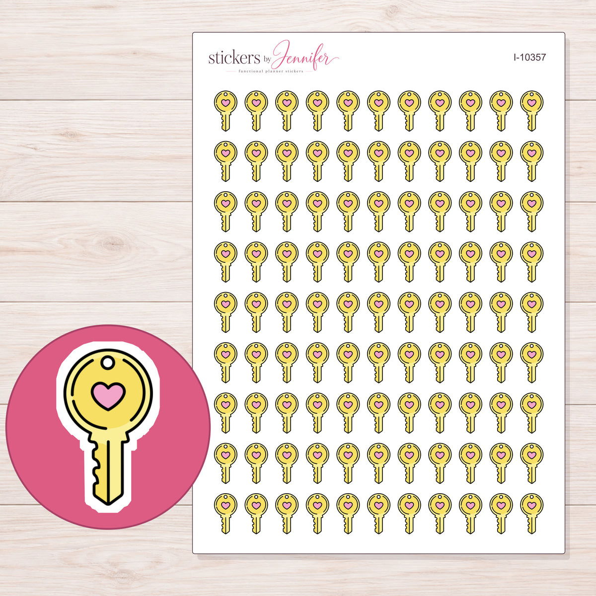 Yellow Heart Key Planner Stickers | I-10357 — 5 × 7 inch sheet and enlarged sticker detail
