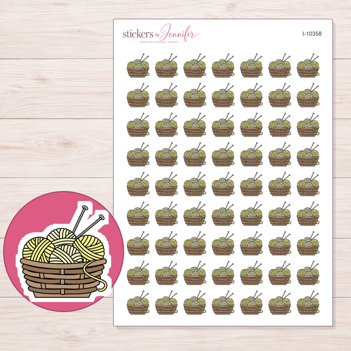 Yellow Yarn Basket Planner Stickers | I-10358 — 5 × 7 inch sheet and enlarged sticker detail