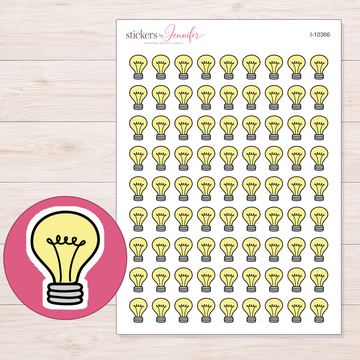 Yellow Light Bulb Planner Stickers | I-10366 — 5 × 7 inch sheet and enlarged sticker detail