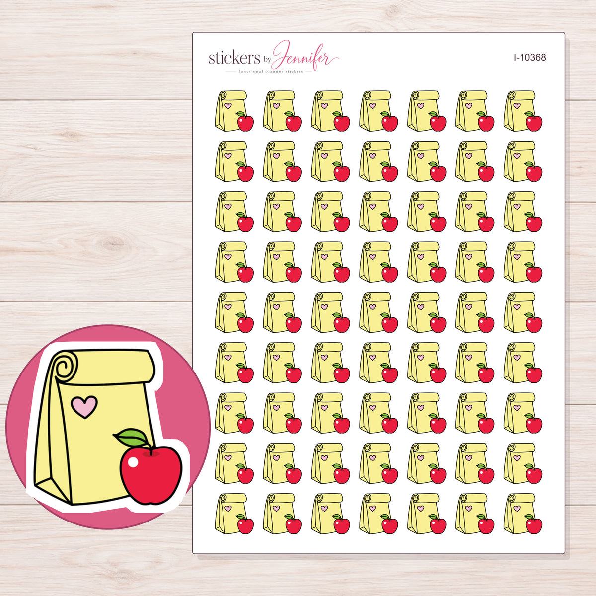 Yellow Lunch Bag Planner Stickers | I-10368 — 5 × 7 inch sheet and enlarged sticker detail
