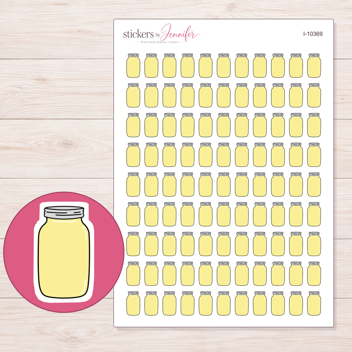 Yellow Mason Jar Planner Stickers | I-10369 — 5 × 7 inch sheet and enlarged sticker detail
