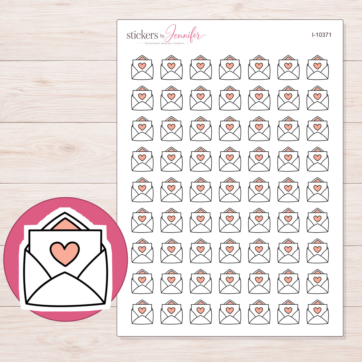 Heart Mail Envelope Planner Stickers | I-10371 — 5 × 7 inch sheet and enlarged sticker detail