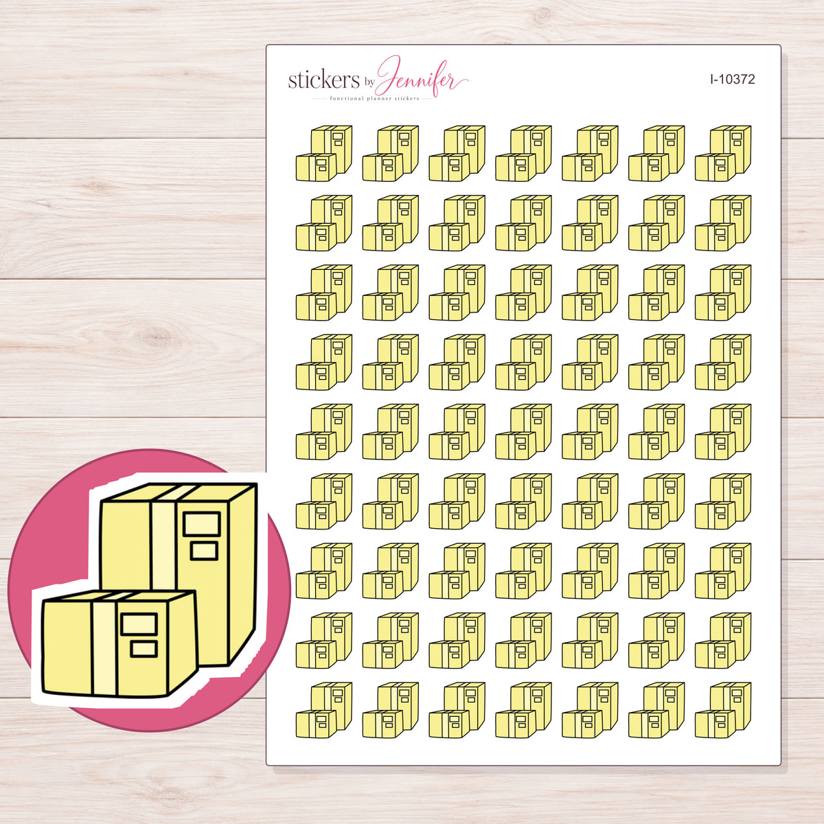 Yellow Shipping Boxes Planner Stickers | I-10372 — 5 × 7 inch sheet and enlarged sticker detail