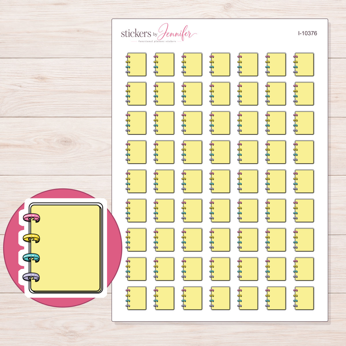 Yellow Mini Disc Planner Stickers | I-10376 — 5 × 7 inch sheet and enlarged sticker detail