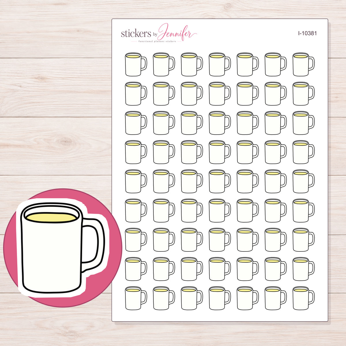 White Drink Mug Planner Stickers | I-10381 — 5 × 7 inch sheet and enlarged sticker detail